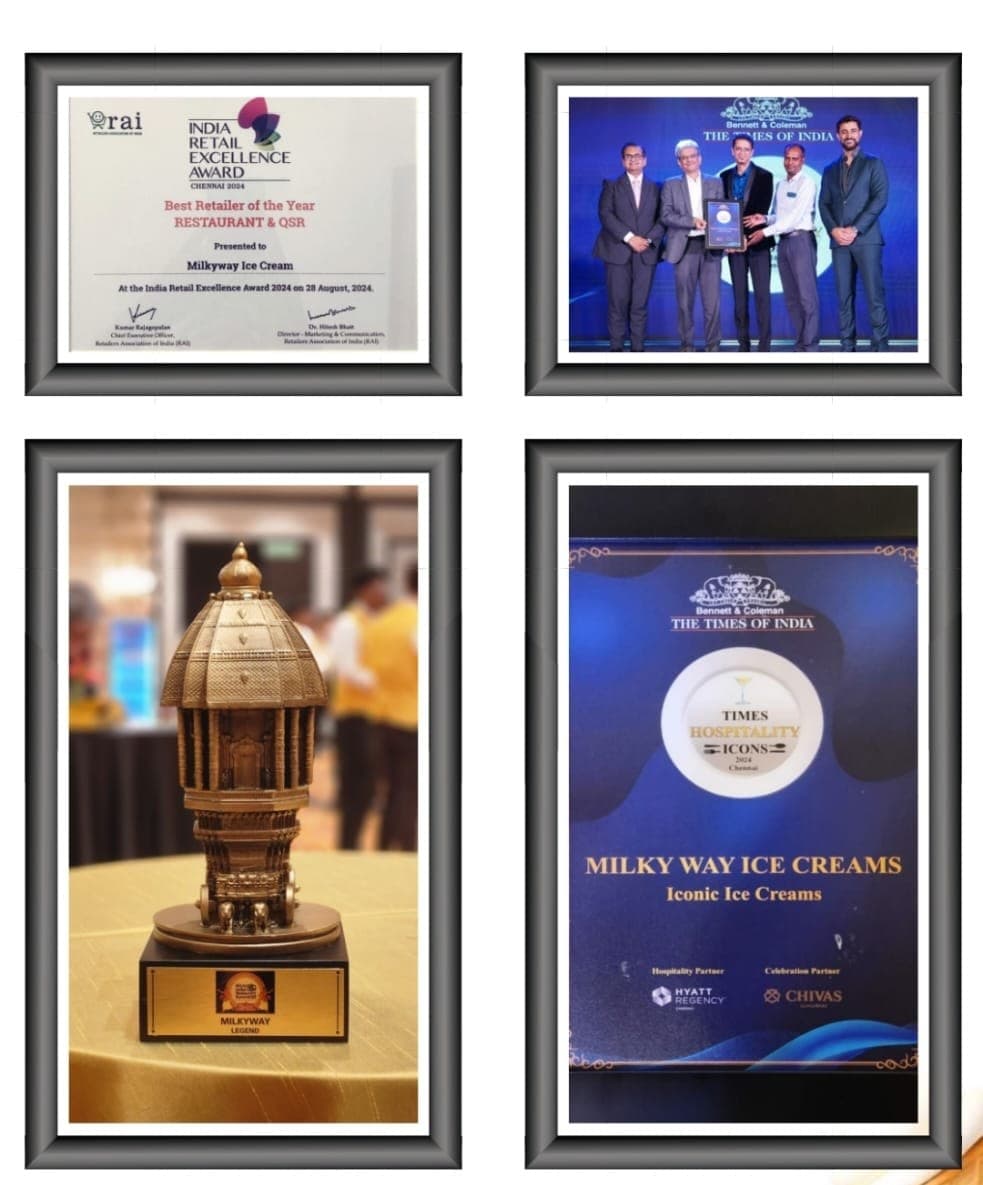 MilkyWay's 2024 awards: the India Retail Excellence certificate, the Times Hospitality Icons stage and plaque, and the NRAI Legend trophy