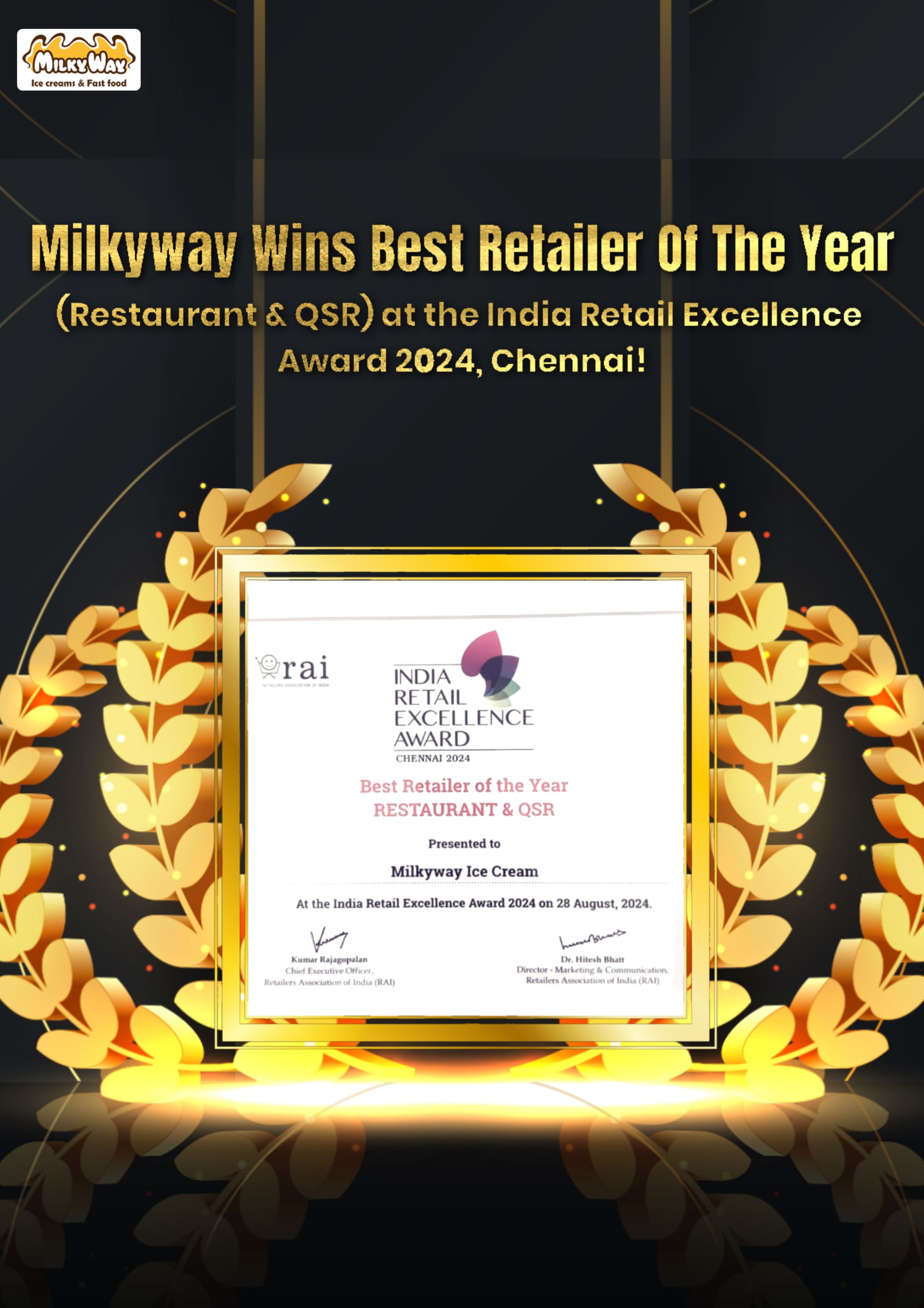 MilkyWay wins Best Retailer of the Year (Restaurant & QSR) at the India Retail Excellence Award 2024, Chennai