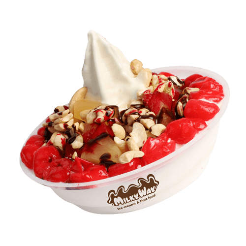 A MilkyWay Maha Sundae with softy, cherries and cashews